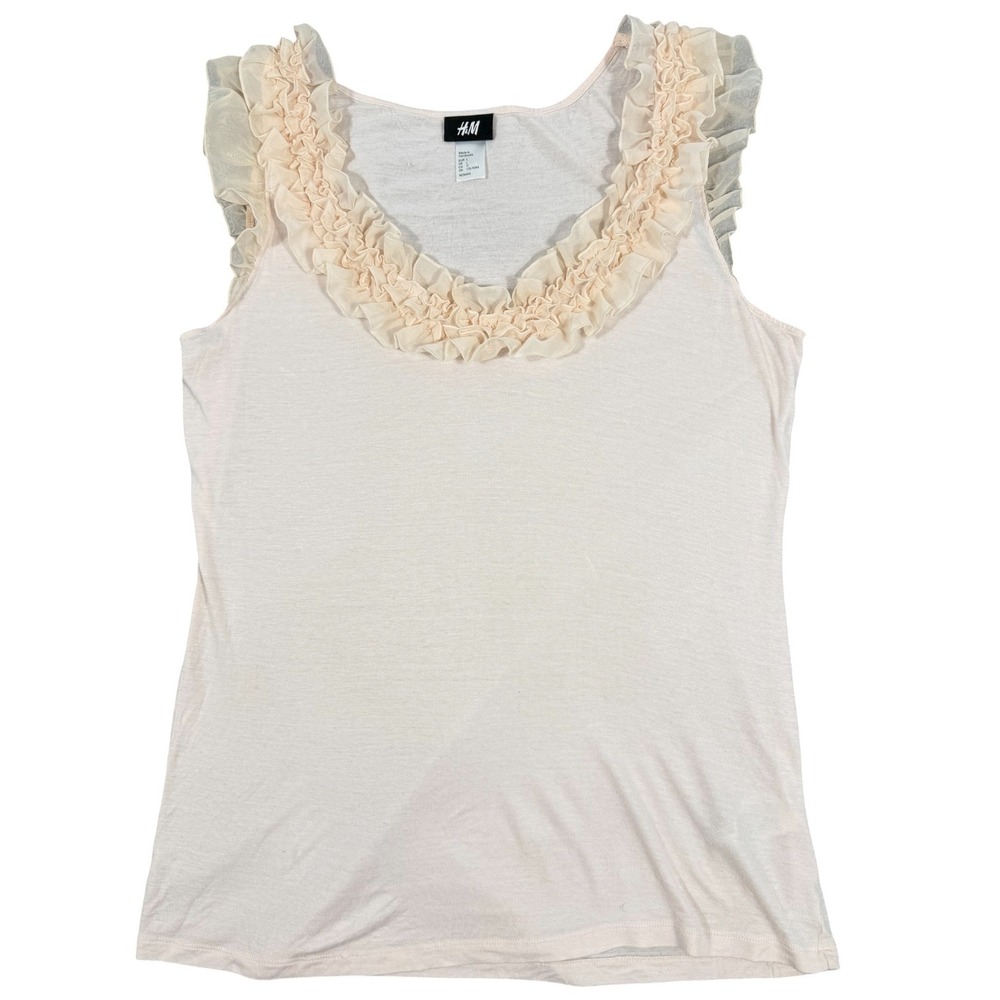 H&M Ruffle V-Neck Top Womens Large Blush Pink Sheer Trim Sleeveless - Picture 10 of 12